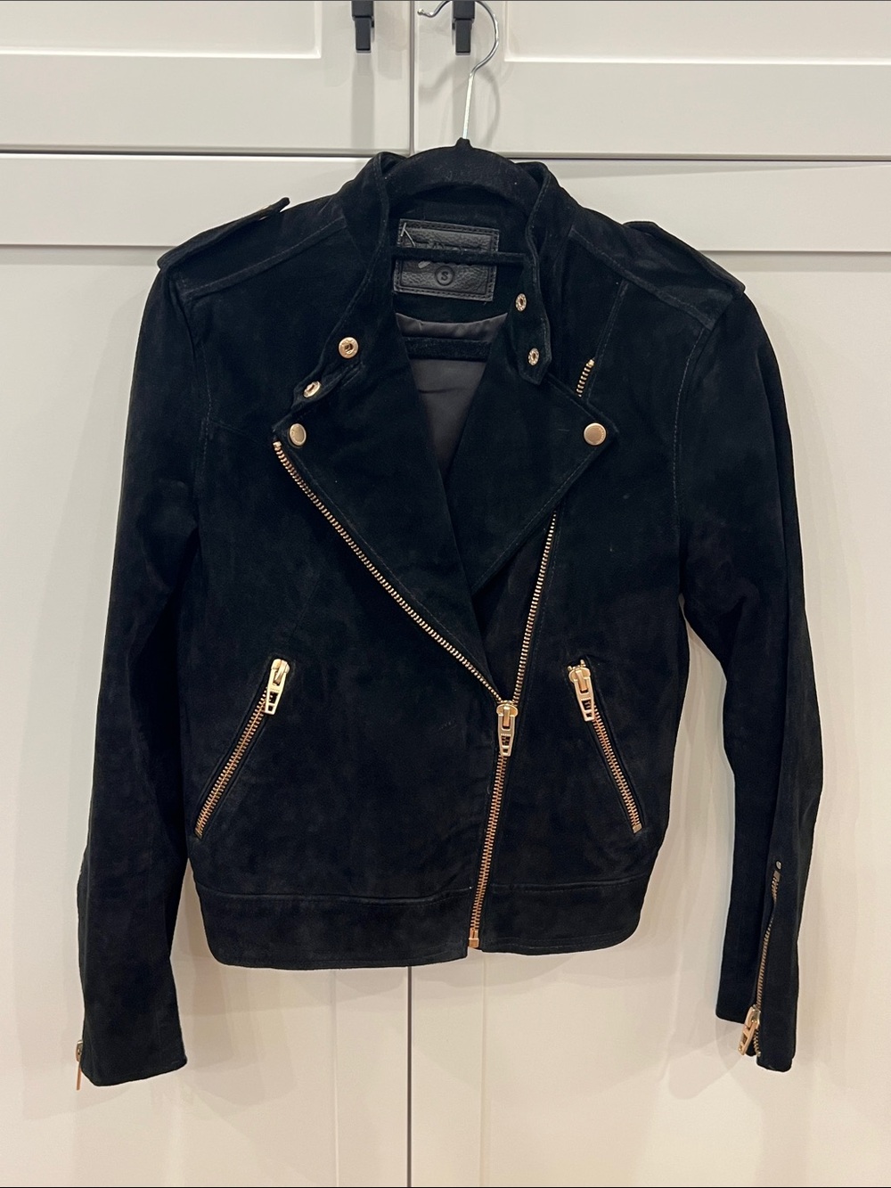 BLANKNYC Black Genuine Suede Asymmetrical Zip Moto Jacket with Gold Hardware